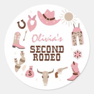 Pegatina Redonda Segundo Rodeo Pink Western Cowboy Cumpleaños 2