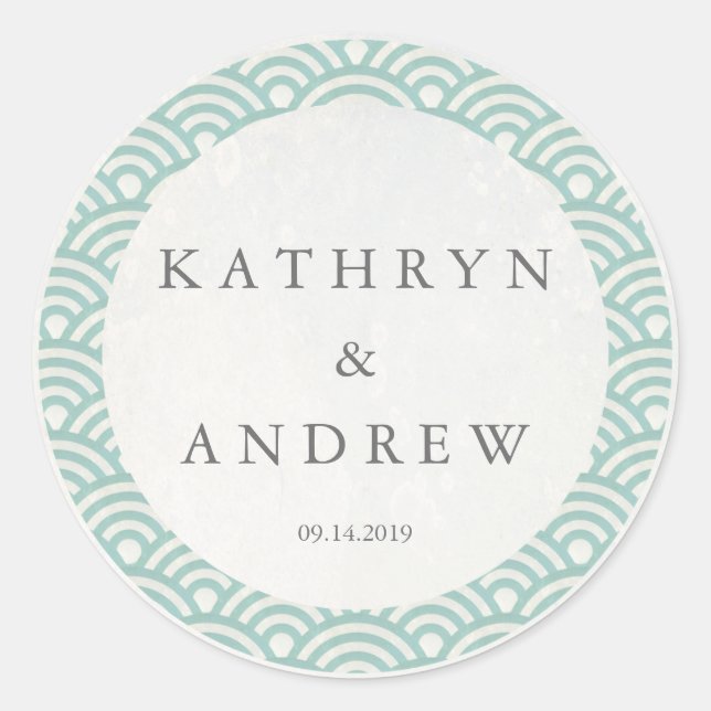 Pegatina Redonda Seigaiha japonés ondea nombres personalizados+Boda (Anverso)