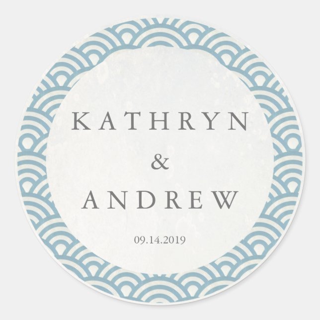 Pegatina Redonda Seigaiha japonés ondea nombres personalizados+Boda (Anverso)