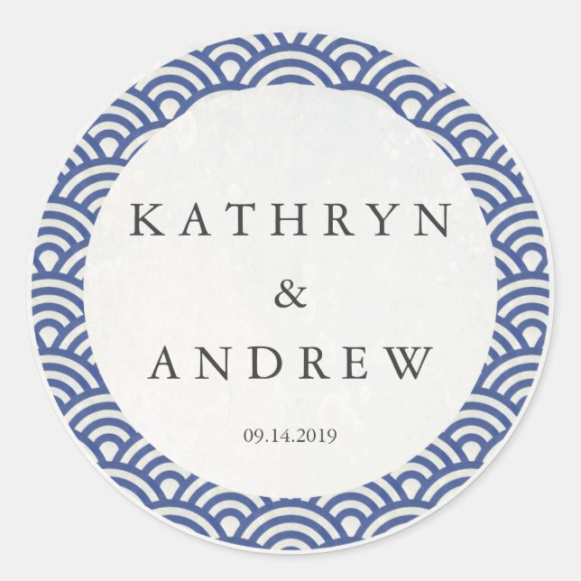 Pegatina Redonda Seigaiha japonés ondea nombres personalizados+Boda (Anverso)