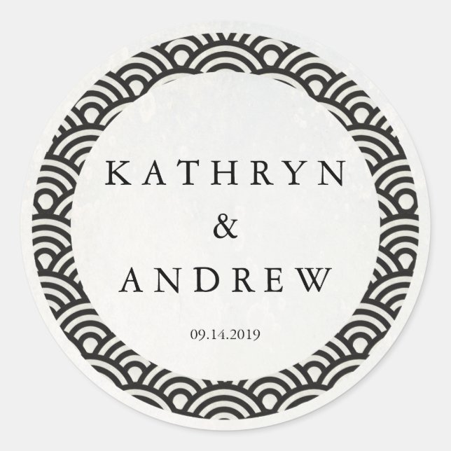 Pegatina Redonda Seigaiha japonés ondea nombres personalizados+Boda (Anverso)