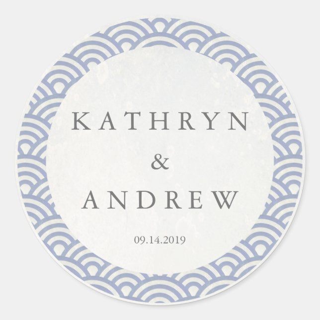 Pegatina Redonda Seigaiha japonés ondea nombres personalizados+Boda (Anverso)