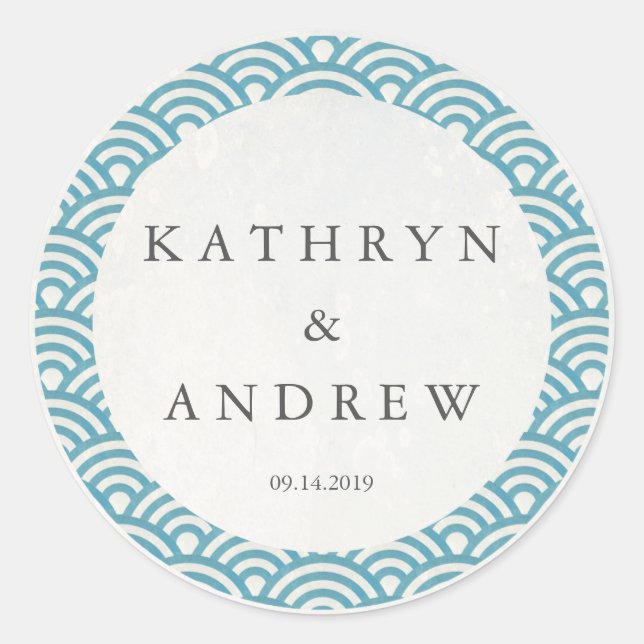 Pegatina Redonda Seigaiha japonés ondea nombres personalizados+Boda (Anverso)