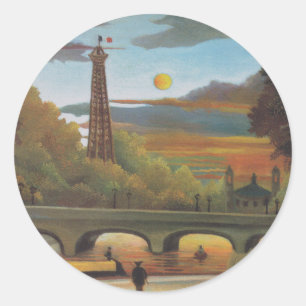 Pegatina Redonda Seine y Torre Eiffel al atardecer por Henri Rousse