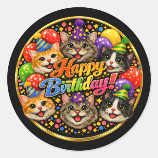 Pegatina Redonda Seis gatos que te desean un feliz cumpleaños con a