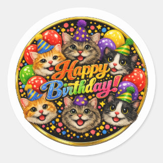 Pegatina Redonda Seis gatos te desean un feliz cumpleaños con alegr