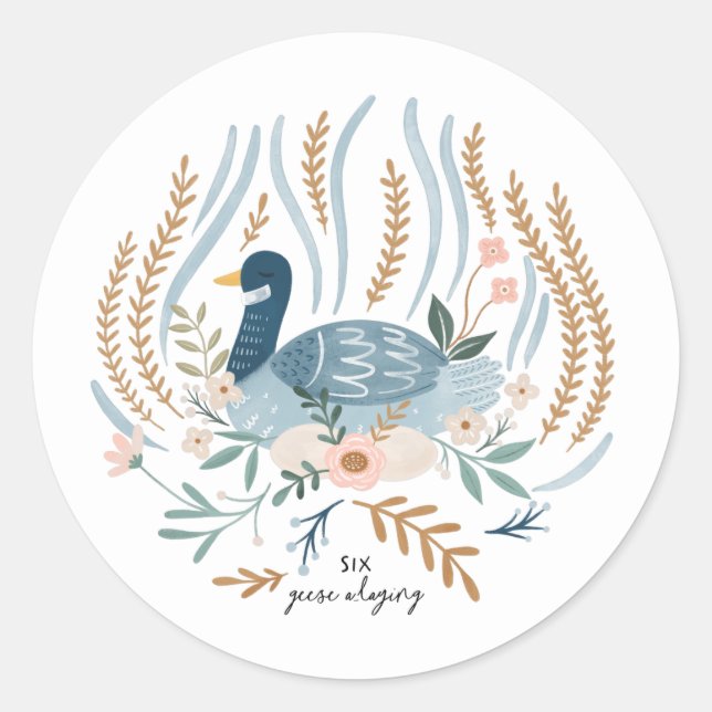 Pegatina Redonda Seis Geese a-tendiendo 12 días de Navidades popula (Anverso)