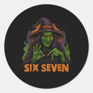Pegatina Redonda Seis Siete 67 Meme Halloween Bruja 6 7
