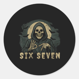 Pegatina Redonda Seis Siete 67 Parca Halloween Mano de Esqueleto S