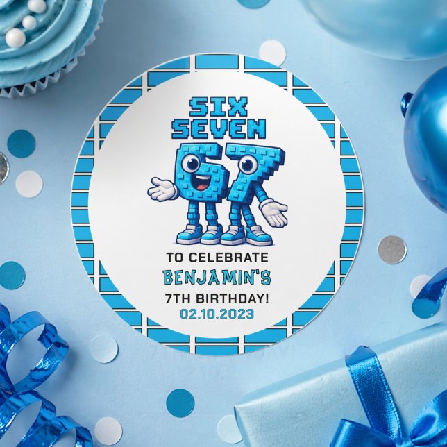 Pegatina Redonda Seis Siete Meme Cumpleaños 7 | Divertido Moderno (Six Seven Meme 7th Birthday | Funny Trendy Classic Round Sticker
)