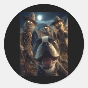 Pegatina Redonda Selfie de Boston Terrier con espantapájaros espelu