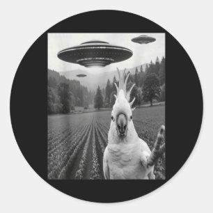 Pegatina Redonda Selfie de cacatúa con ovni alienígena, cacatúa div