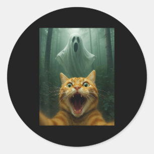 Pegatina Redonda Selfie de gato asustado con fantasma _ Disfraz div