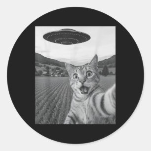 Pegatina Redonda Selfie de gato con Alien Ufo Funny Cat Funny Alien