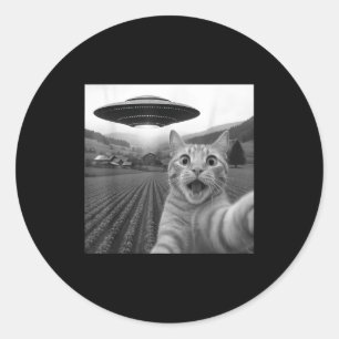 Pegatina Redonda Selfie de gato con ovni alienígena divertido para 