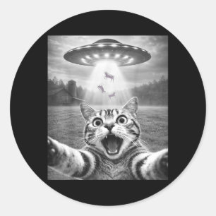 Pegatina Redonda Selfie de gato con ovni alienígena Gato divertido