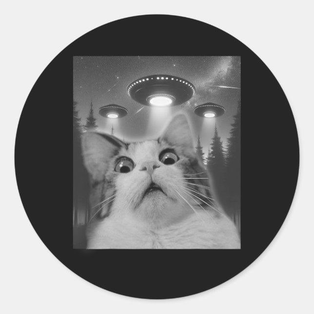 Pegatina Redonda Selfie De Gato Con Ufos (Anverso)