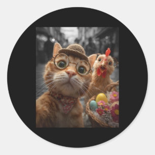 Pegatina Redonda Selfie de gato y pollo, divertidos huevos de Pascu