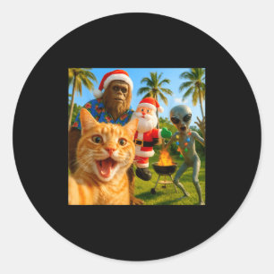 Pegatina Redonda Selfie divertida de gato de Navidad con Bigfoot y 