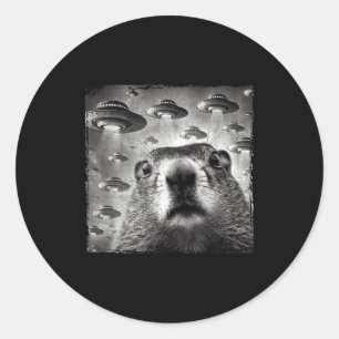 Pegatina Redonda Selfie divertida de marmota con ovnis alienígenas 