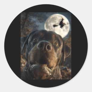 Pegatina Redonda Selfie divertido de Rottweiler Luna Llena Bruja Vo
