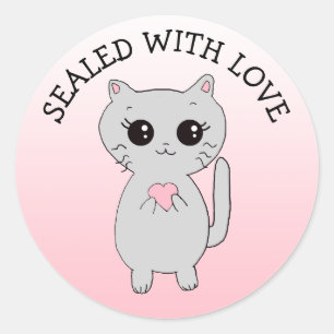 Pegatina Redonda Sellado con Amor Gatito con Corazón