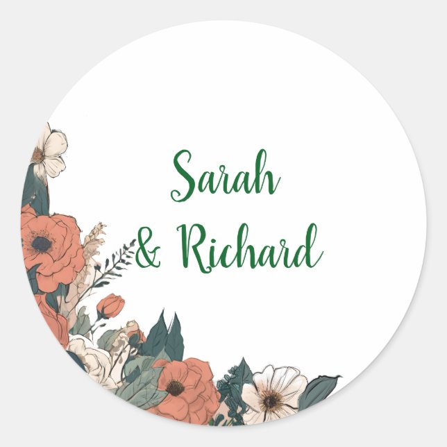 Pegatina Redonda Sellador de sobres Boda floral redondo blanco eleg (Anverso)