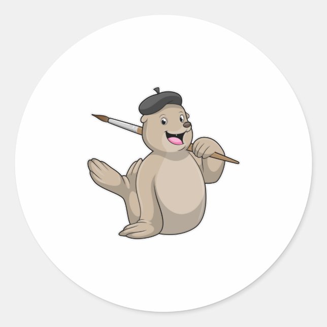 Pegatina Redonda Sellar como pintador con pincel de pintura (Anverso)