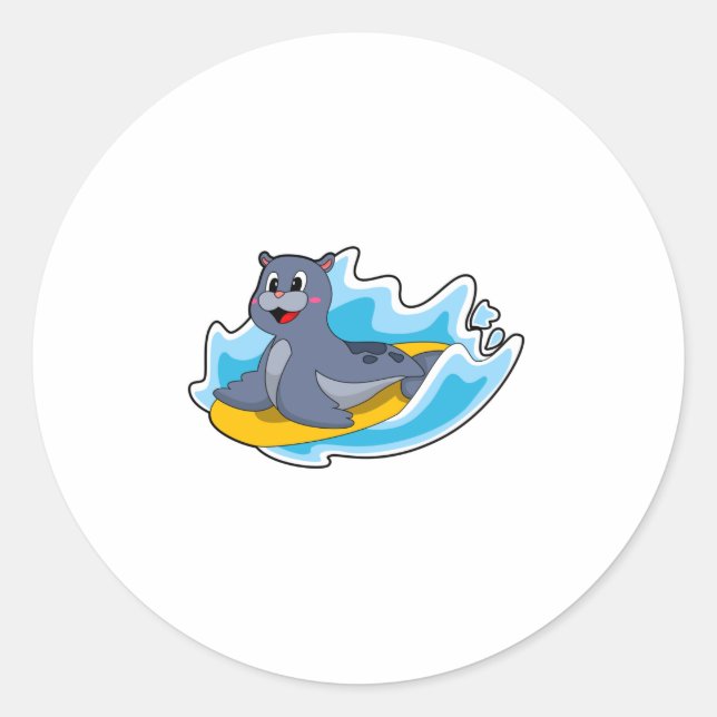 Pegatina Redonda Sellar como surfista con tabla de surf (Anverso)