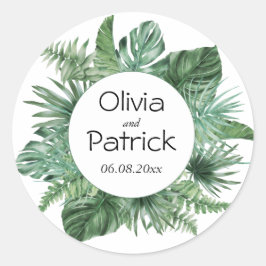 Pegatina Redonda Selva acuática hojas verdes tropicales