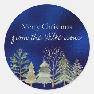 Pegatina Redonda Selva de invierno acuarela en árboles simples noct