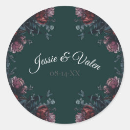 Pegatina Redonda Selva Oscura Verde Elegante Boda Maroon Mauve