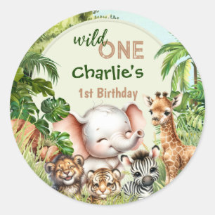 Pegatina Redonda Selva Safari Jungle Animals Wild One 1er cumpleaño
