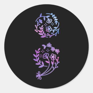 Pegatina Redonda Semicolón Prevención del suicidio Flor de concienc
