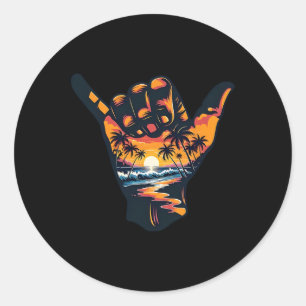 Pegatina Redonda Señal de mano Shaka Aloha Surf Vaciones de verano