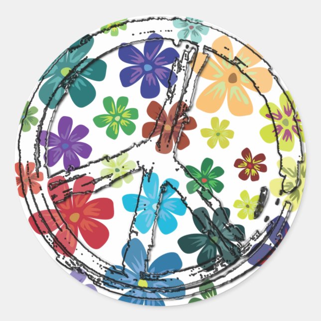 PEGATINA REDONDA SEÑAL DE PAZ CLARA CON FLORES (Anverso)