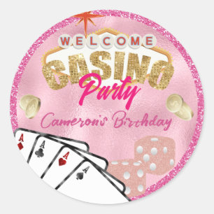 Pegatina Redonda Señal Glamurosa de Casino Fiesta en Las Vegas de C