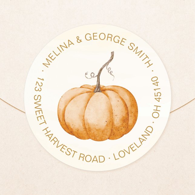 Pegatina Redonda Sencilla Calabaza de Acuarela con Dirección de Dev (Elegant, minimalist, orange, watercolor pumpkin return address round sticker. Pumpkin address label.)