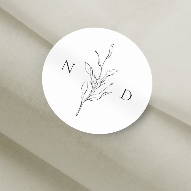 Pegatina Redonda Sencilla elegancia de hojas botánicas boda (Simple elegance botanical leaves wedding classic round sticker)