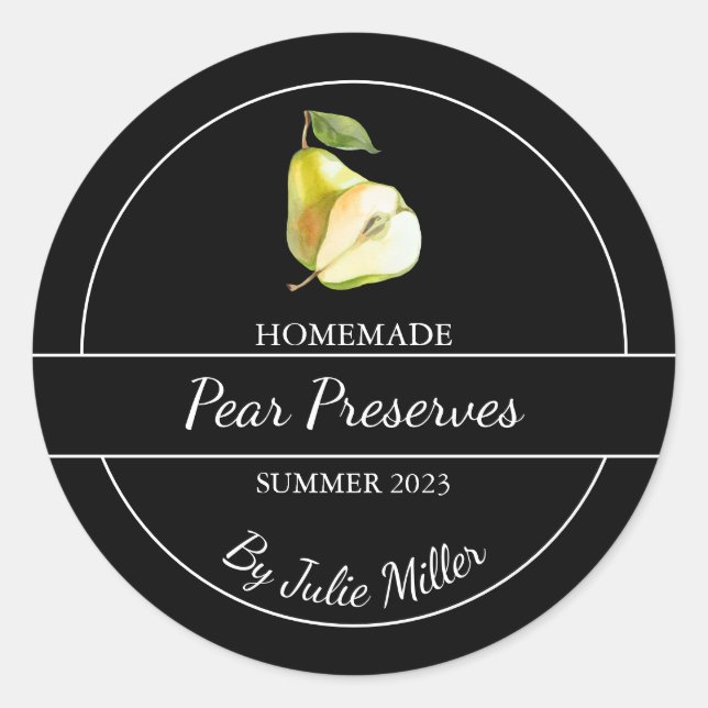 Pegatina Redonda Sencilla Pear Casero Preserve Label Black (Anverso)