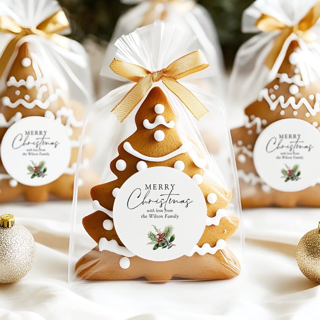 Pegatina Redonda Sencilla y elegante vegetación de Navidades blanco (Simple elegant 'Merry Christmas' sticker with personalised family name, pine leaves & berries motif)