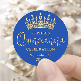 Pegatina Redonda Sencillamente Elegante Quinceañera Crown Royal Blu