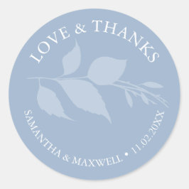 Pegatina Redonda Sencillas hojas azules agitadas gracias Boda