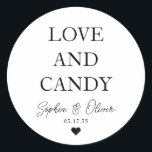 Pegatina Redonda Sencillo amor clásico y favor de casamiento cardía<br><div class="desc">Un clásico Pegatina Boda Black Thank You que presenta "Love and Candy" con un elegante y clásico tipo de letra. Puede personalizarlo fácilmente con sus nombres y fecha de boda.</div>