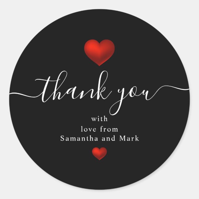 Pegatina Redonda Sencillo Boda moderno Rojo Corazón Negro (Anverso)