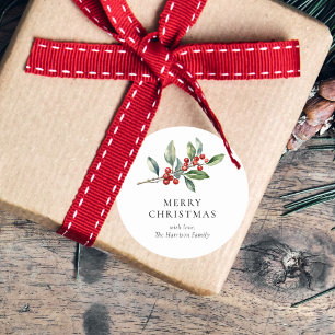 Pegatina Redonda Sencillo Botánico Acuarela Navideño Elegante