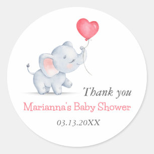 Pegatina Redonda Sencillo Elefante y Globo con Corazón Baby Shower