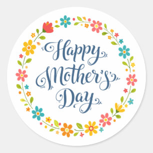 Pegatina Redonda Sencillo Feliz Día de la Madre Floral Caligrafía  