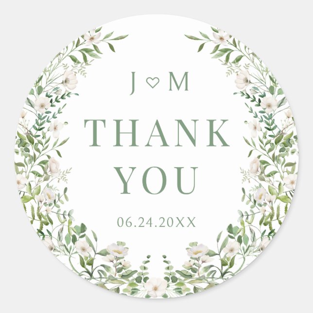 Pegatina Redonda Sencillo y elegante vegetación floral boda gracias (Anverso)