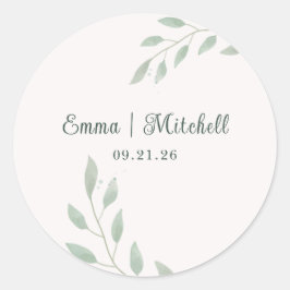 Pegatina Redonda Sencillo y Elegante Verde Salvia Botánico de Boda